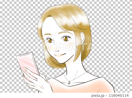 笑顔でスマートフォンを見る女性 笑顔でスマートフォンを見る女性 116040114
