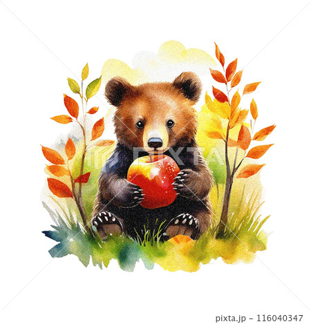 絵画。原画【かわいい熊と赤いリンゴ2個】 クマの絵、キャンバス上のオリジナル油絵、赤ちゃんクマのアート