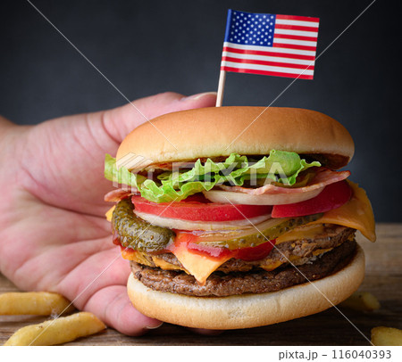 肉厚でジューシーなハンバーガー 116040393