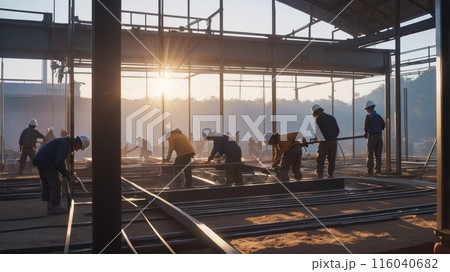 夕日に染まる工事現場 116040682
