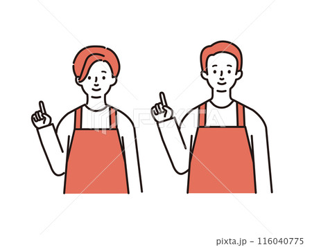 人差し指を立てるエプロン姿の若い男女 人差し指を立てるエプロン姿の若い男女 116040775