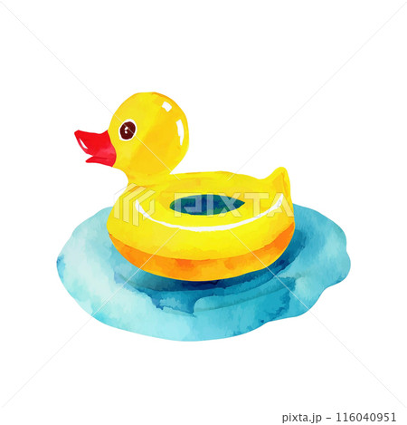 水に浮かぶ黄色いアヒルのおもちゃの手描き水彩イラスト　白背景の切り抜き 116040951