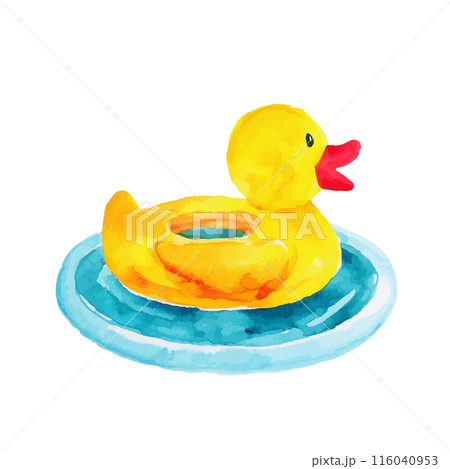 水に浮かぶ黄色いアヒルのおもちゃの手描き水彩イラスト　白背景の切り抜き 116040953