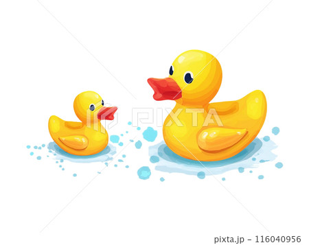 水に浮かぶ黄色いアヒルのおもちゃの手描き水彩イラスト　白背景の切り抜き 116040956
