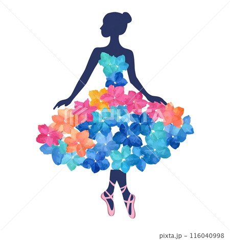 花のドレス衣装を身に着けたバレリーナのシルエットのイラスト 白背景の切り抜き 花のドレス衣装を身に着けたバレリーナのシルエットのイラスト 白背景の切り抜き 116040998