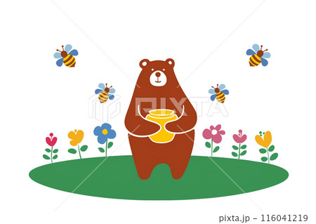 はちみつを手に持った茶色い熊のイラスト　白背景の切り抜き 116041219