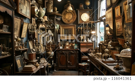 An antique shop filled with bygone curiosities attracts visitors and collectors seeking unique treasures. 116041361