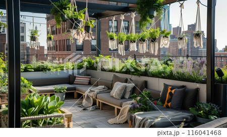 An urban rooftop garden with macrame hangers and comfy seating offers a tranquil city sanctuary. 116041468