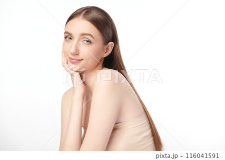 Beautiful young woman with clean fresh skin on white background, Face care, Facial treatment, Cosmetology, beauty and spa, women portrait. Beautiful young woman with clean fresh skin on white background, Face care, Facial treatment, Cosmetology, beauty and spa, women portrait. 116041591
