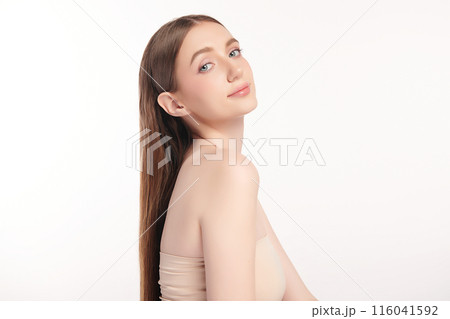 Beautiful young woman with clean fresh skin on white background, Face care, Facial treatment, Cosmetology, beauty and spa, women portrait. 116041592