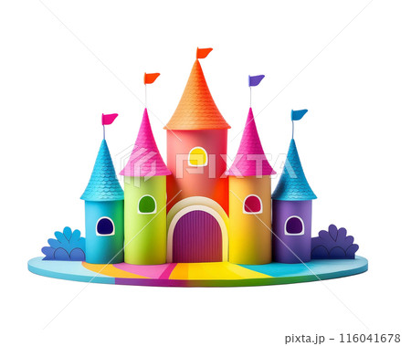 カラフルな城のペーパークラフト風グラフィック　白背景の切り抜き 116041678