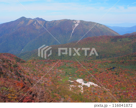 秋の那須岳・姥ヶ平と裏那須の稜線 116041872