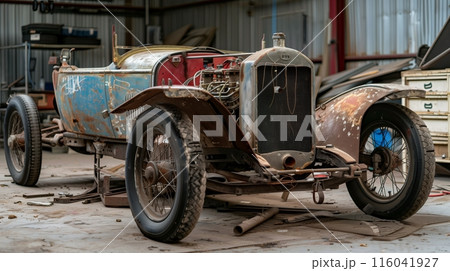 1920s vintage car chassis in early restoration, showcasing intricate framework and potential glory. 116041927