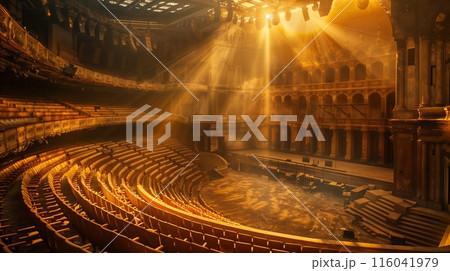 A grand amphitheater, bathed in golden light, offers rows of seats leading to a stage set for a show. 116041979