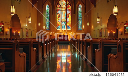 A tranquil campus chapel with stained-glass windows, intricate pews, and soft candlelight creates peace. 116041983