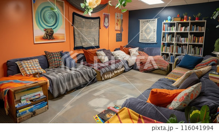 A cozy student lounge with plush sofas, blanket forts, diverse books, and board games for relaxation and socializing. 116041994