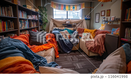 A cozy student lounge with sofas, blanket...のイラスト素材 [116041998] - PIXTA