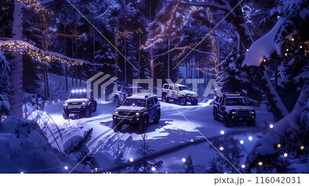 A winter car show with snow-covered SUVs in a twinkling forest. Enjoy hot cocoa and cozy bonfires. A winter car show with snow-covered SUVs in a twinkling forest. Enjoy hot cocoa and cozy bonfires. 116042031
