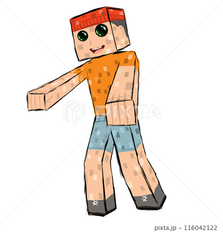 A character with a square head and body. A pixelated boy in a red hat with a smile running somewhere with his arms outstretched. pixel art sketch stroke. Vector illustration the guy looks like he was 116042122