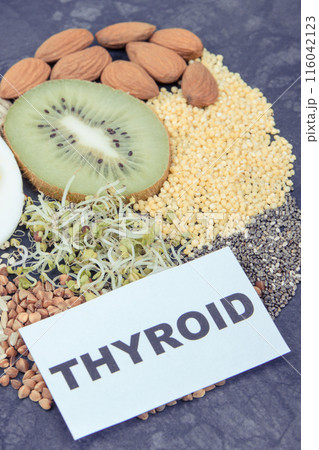 Nutritious ingredients as best food for healthy thyroid. Natural eating containing vitamins 116042123