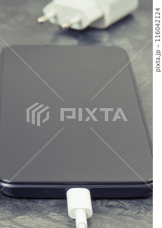 Mobile phone with connected plug of charger. Smartphone charging 116042124