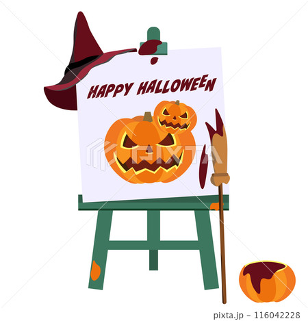 ハロウィンのカボチャを描いたキャンバスとイーゼルのイラスト ハロウィンのカボチャを描いたキャンバスとイーゼルのイラスト 116042228