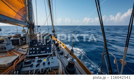 A ham radio station on a sailboat with endless sea, sails catching wind; crew navigate, communicating afar. A ham radio station on a sailboat with endless sea, sails catching wind; crew navigate, communicating afar. 116042541