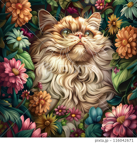 Luxurious Persian Cat Surrounded by Floral Bliss 116042671