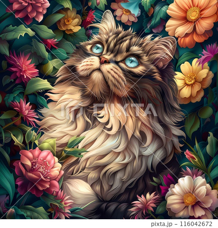 Regal Persian Companion Enjoys Vibrant Garden 116042672