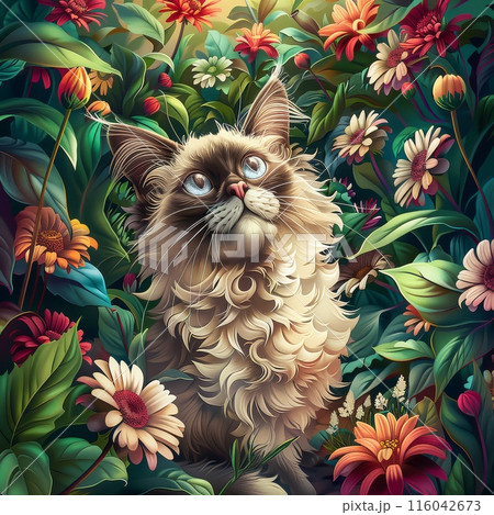 Sleek Ragdoll Cat Surrounded by Vibrant Floral Delight 116042673