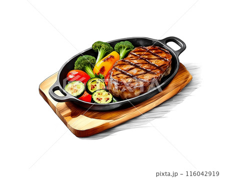 黒い鉄板に乗せた牛肉ステーキと野菜のグリルのイラスト　白背景の切り抜き 116042919