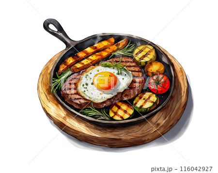 目玉焼きを乗せた牛肉ステーキと野菜のグリルのイラスト 白背景の切り抜き 目玉焼きを乗せた牛肉ステーキと野菜のグリルのイラスト 白背景の切り抜き 116042927