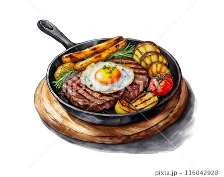 目玉焼きを乗せた牛肉ステーキと野菜のグリルのイラスト 白背景の切り抜き 目玉焼きを乗せた牛肉ステーキと野菜のグリルのイラスト 白背景の切り抜き 116042928