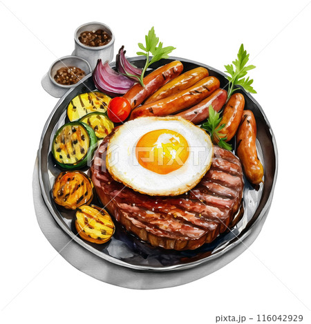 目玉焼きを乗せた牛肉ステーキと野菜のグリルのイラスト 白背景の切り抜き 目玉焼きを乗せた牛肉ステーキと野菜のグリルのイラスト 白背景の切り抜き 116042929