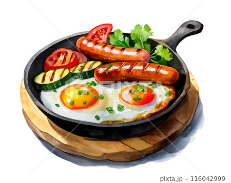 黒い鉄板に乗せた目玉焼きとソーセージと野菜のグリルのイラスト　白背景の切り抜き 116042999