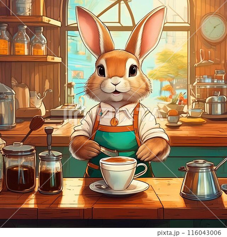 カフェで働くウサギとコーヒーカップ カフェで働くウサギとコーヒーカップ 116043006