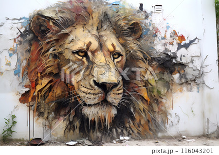 Sculpture and painting street art of lion head full of colorful colors and covered. on the old wall. Wildlife Animals. Illustration, Generative AI. Sculpture and painting street art of lion head full of colorful colors and covered. on the old wall. Wildlife Animals. Illustration, Generative AI. 116043201