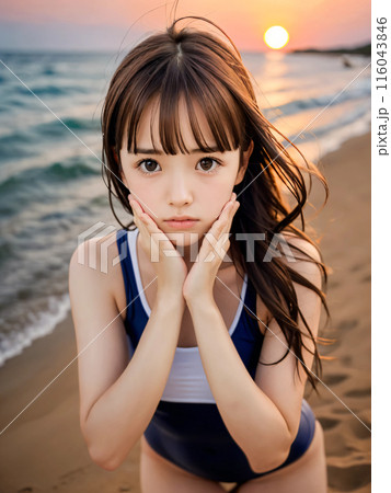 夕暮れのビーチで水着を着た若い女性 116043846