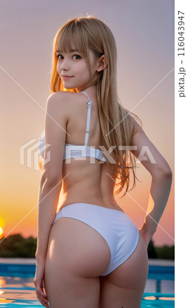 夕暮れのプールで笑顔の水着を着た若い女性 116043947