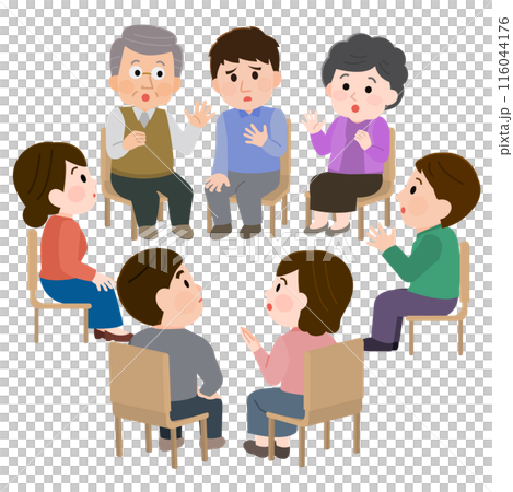 輪になって話し合う複数の人々　不安な顔　自助グループ　会議　イラスト 116044176