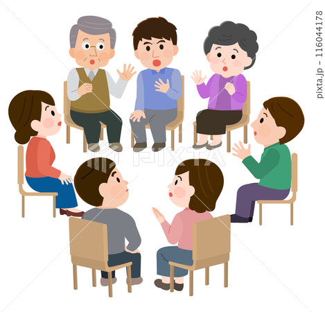 輪になって話し合う複数の人々 怒る 自助グループ 会議 イラスト 輪になって話し合う複数の人々 怒る 自助グループ 会議 イラスト 116044178
