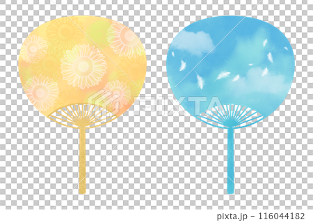 A symbol of summer: sunflowers and a fan against the blue sky 116044182