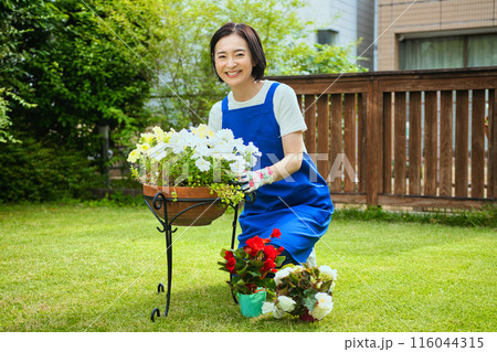 寄せ植えをする笑顔のミドル女性 116044315