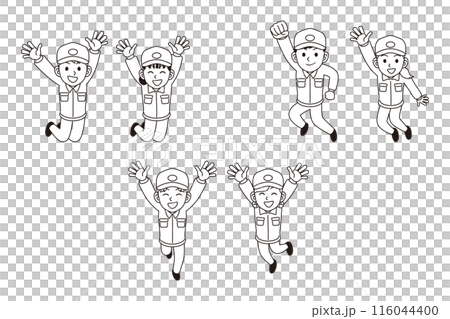 A person in work clothes jumping 116044400