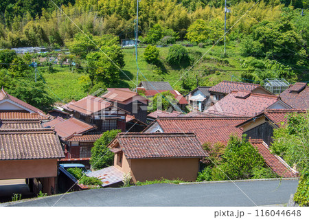 吹屋ふるさと村　萌える初夏の若葉と赤胴色の石州瓦 116044648