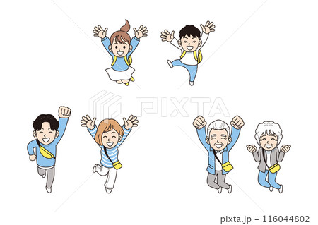 ジャンプしている三世代家族 116044802