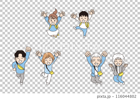 ジャンプしている三世代家族 116044802