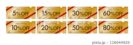メンバーセールに使える金の赤いリボンのクーポンベクターアイコンセット（割引率別） 116044920