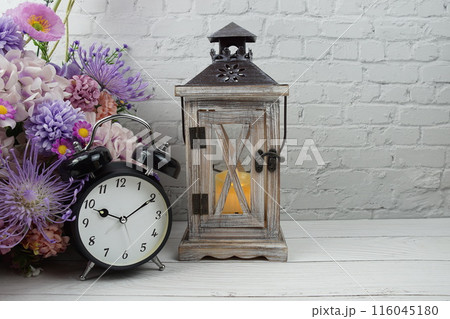 Wood Lantern with LED candle light with alarm clock and flowers, home decoration 116045180