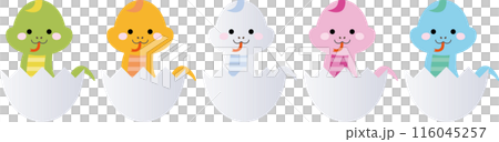 Five cute colorful snakes laughing as they pop out of their egg shells 116045257